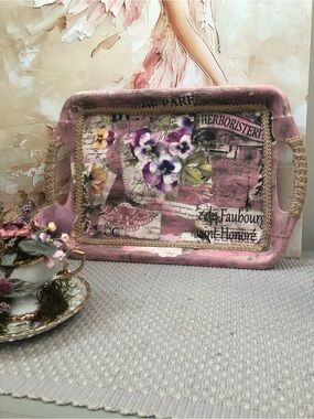 Pink Floral Decorative Vanity Tray with Rope Handles